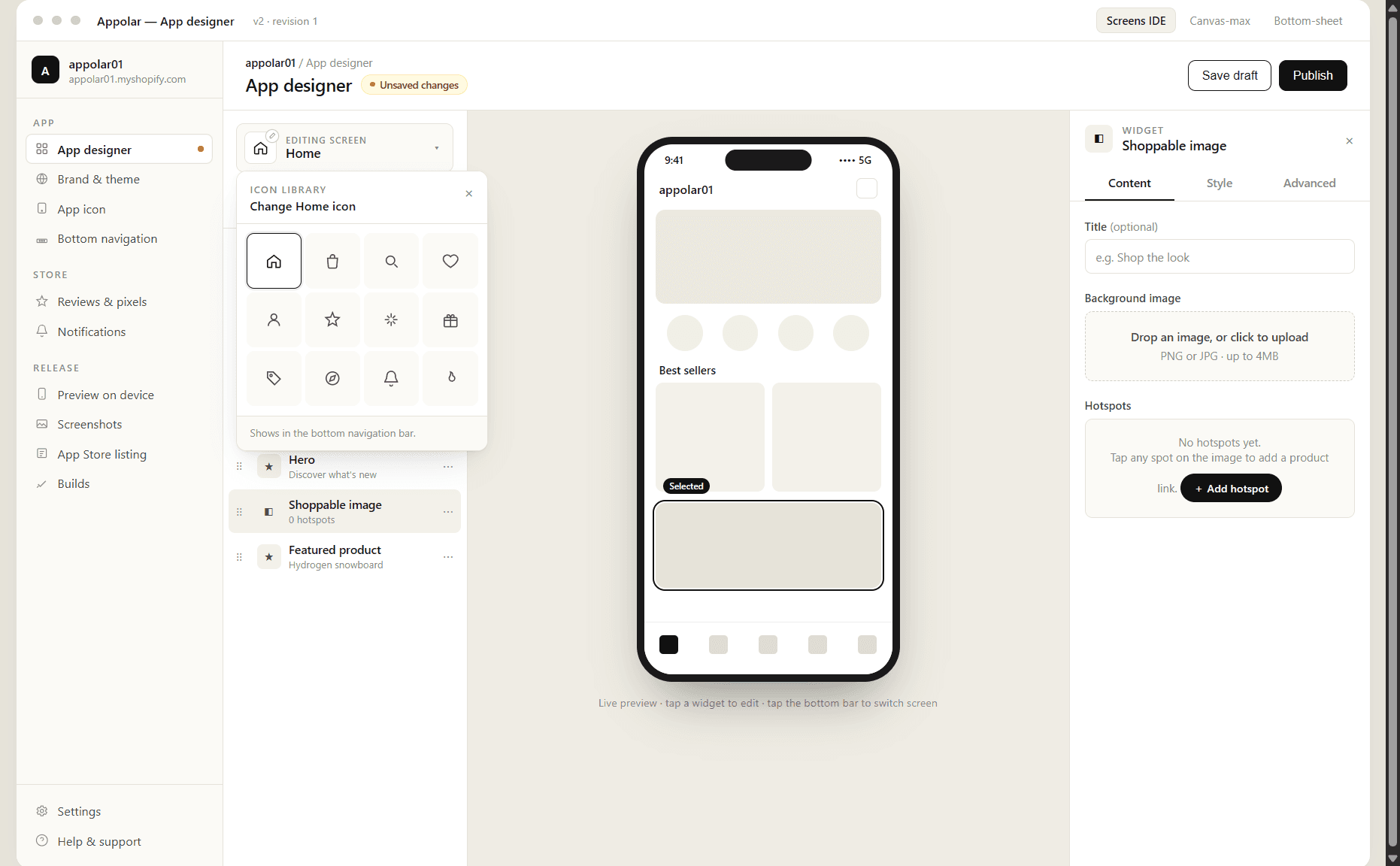 Appolar builder running inside the Shopify admin